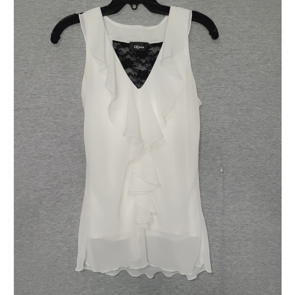 Women's White Ruffle Sleeveless Lined Blouse w/ Black Lace Cutout Small - Picture 1 of 9